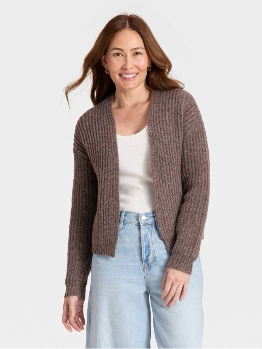 Universal Thread Ribbed Open-Front Cardigan in Taupe Brown